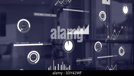 Displaying clear HUD showing layered charts, circular dials and numeric readouts on glass in office Stock Photo