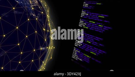 Displaying stylized globe on left over black background, showing yellow network mesh and code panel Stock Photo