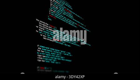 Displaying vertical code pane tilting on dark screen, showing cyan red white tokens var if else Stock Photo