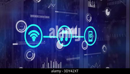 Displaying neon-cyan chain of Wi-Fi, music-note, mobile icons glowing in server room, HUD gauges Stock Photo