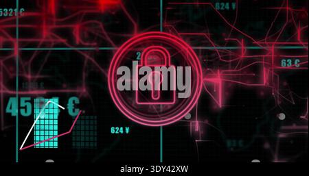 Displaying neon pink padlock icon glowing on grid UI, showing teal bars and numeric readouts Stock Photo