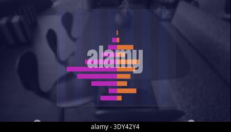 Displaying overlay chart showing magenta orange bars around central axis in dim lounge with vase Stock Photo