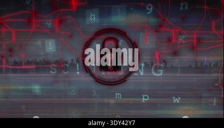 Displaying central padlock icon hovering over horizontal skyline band, with red circuitry traces Stock Photo