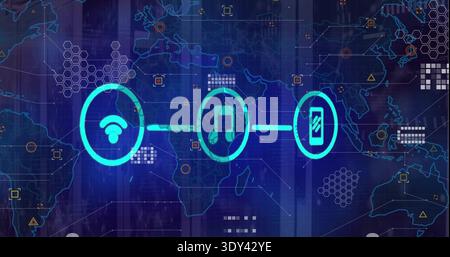 Displaying three glowing cyan icons WiFi, music note, phone linking across world map, with hexes Stock Photo