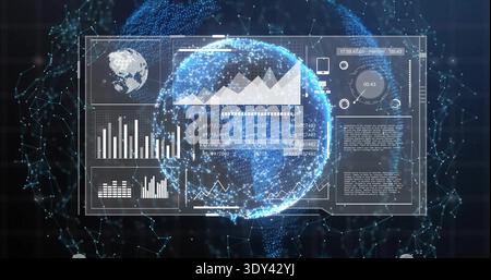 Displaying holographic particle globe with clear dashboard in network backdrop, showing charts Stock Photo