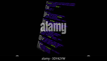 Displaying syntax code column tilting in dark background, blurred edges, black space, copy space Stock Photo