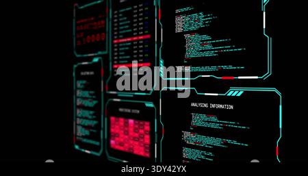 Glowing HUD panels displaying ANALYSING INFORMATION header, showing code and red heatmap on right Stock Photo