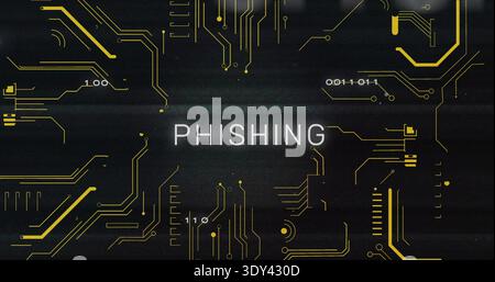 Displaying centered white PHISHING text casting golden traces on dark board, showing binary digits Stock Photo