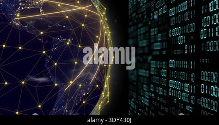 Displaying Earth globe glowing at night in space, with golden network nodes and teal binary panels Stock Photo