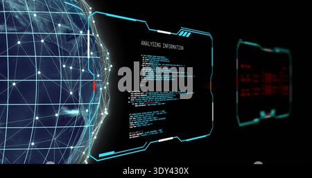 Showing wireframe globe, glowing nodes in cyberspace, HUD showing ANALYSING INFORMATION, copy space Stock Photo