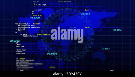 Displaying centered world map and radar rings on computer dashboard, showing grid and code readouts Stock Photo