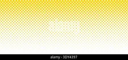 Square pixel halftone gradient texture. Fading checkered gradation wallpaper. Yellow squared dot background. Abstract vanishing comic pop art backdrop. Vector repeated raster effect overlay Stock Vector