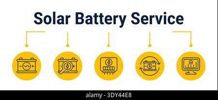 Five step workflow for servicing solar battery storage from backup alert and module inspection to cycle testing, update or replacement and normal oper Stock Vector