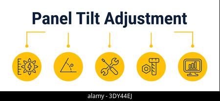 Five step workflow for improving solar output by measuring sunlight, checking panel angle, adjusting tilt, securing hardware and monitoring performanc Stock Vector