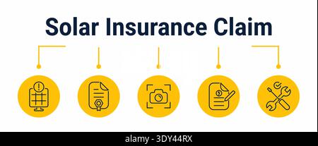 Five step workflow for a solar insurance claim from damage discovery and policy review to reporting, claim submission and repair approval, outline vec Stock Vector