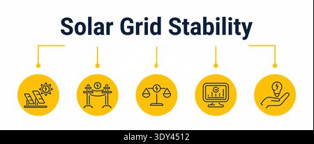 Five step workflow for maintaining grid stability with solar power from generation and transmission to load balancing, control monitoring and stable e Stock Vector
