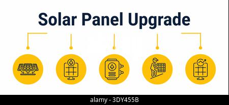Five step workflow for upgrading an older solar panel system from existing setup review and new module selection to inverter matching, installation an Stock Vector