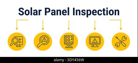 Five step workflow for solar panel inspection from visual check and defect detection to condition reporting and maintenance scheduling, outline vector Stock Vector