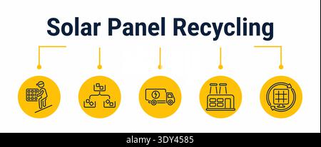 Five step workflow for recycling solar panels from removal and sorting to transport, factory processing and material reuse, outline vector icons for c Stock Vector