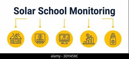 Five step workflow for monitoring a school solar system from panel energy use and metering to display review, efficiency tracking and electricity savi Stock Vector