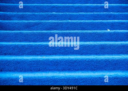Blue carpeted steps providing a vibrant, repetitive textured background Stock Photo