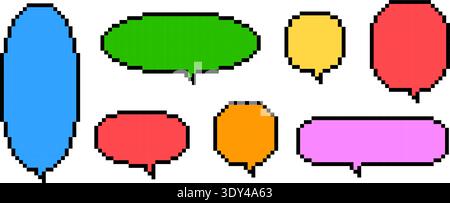 Colorful pixel text box set. Empty pixelated chat frame collection. Retro 8 bit border shape pack for speach box bubble, message cloud, communication dialog, talk balloon. Vector illustration bundle Stock Vector