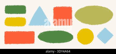 Colored hand drawn crayon stamps and boxes collection. Doodled rough edge borders and frames set. Playful sketched geometric shape pack for sticker, logo, collage, postcard, patch, label, icon. Vector Stock Vector