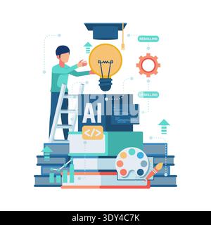 Person Using AI for Upskilling and Reskilling. Upskilling and Reskilling Concept Stock Vector