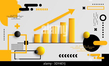 Business growth bar chart with upward arrow and abstract geometric shapes on grey background for financial success and data analysis concept Stock Vector