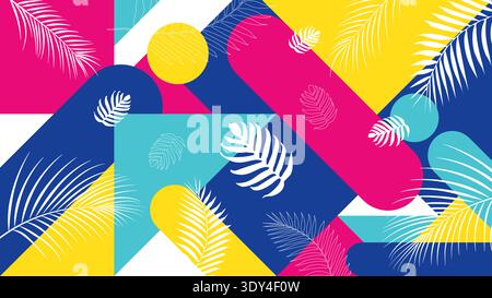 Tropical abstract background summer bold memphis style geometry and exotic white botanical foliage on bright multicolored pattern for trendy wallpaper Stock Vector