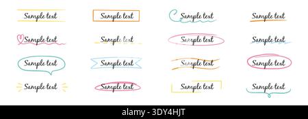 Frame box text hand drawn title set. Box text ribbon banner highlight underline handwriting doodle pen background. Simple cute vintage border ornament tag, marker sketch headline. Vector illustration Stock Vector