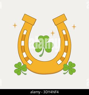 Gold Horseshoe with Green Three Leaf Clovers and Sparkles for Saint Patricks Day Luck Stock Vector