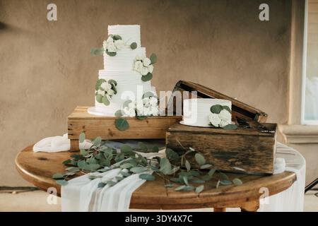 White wedding cake decorated with eucalyptus and roses Stock Photo