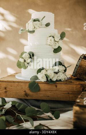 White wedding cake decorated with eucalyptus and roses Stock Photo