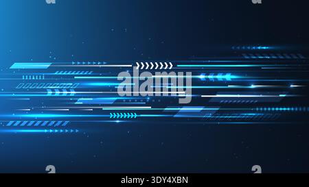 abstract blue background high speed light trails and geometric shapes, digital data flow and future technology in dark virtual space Stock Vector