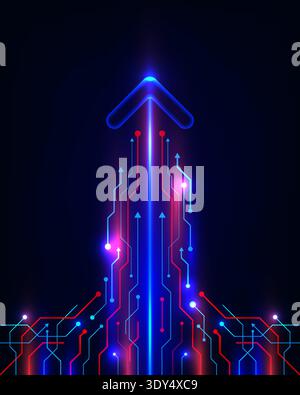 vibrant neon blue arrow ascends complex red and blue circuit board on dark background, modern technology business growth and digital innovation Stock Vector