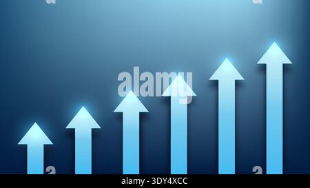 Business growth bar chart with glowing blue arrows rising upward financial success and corporate progress on modern gradient background for strategic Stock Vector