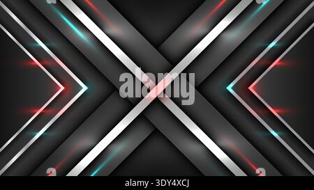 futuristic background with metallic silver arrows and neon cyan red glow high tech geometric abstract with dark layers and vibrant light for modern di Stock Vector