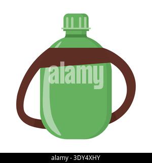 Canteen illustration depicting a green military style water bottle with a brown carrying strap on a white background for adventure or survival concept Stock Vector