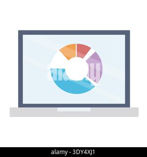 Laptop displays pie chart graphic Analysis and information are displayed on the screen Presentation of the pie chart Data visualization for reports Stock Vector