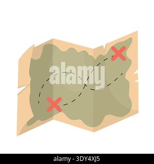 Treasure map illustration shows a route marked by a dotted line leading to two red X marks the spot symbolizing adventure and discovery Stock Vector