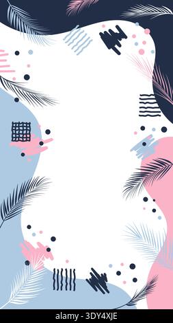 modern abstract background with tropical palm leaves and pastel shapes to provide a stylish vertical template for trendy social media Stock Vector