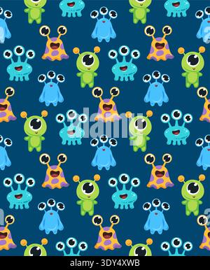 Vector seamless pattern with cute cartoon aliens. Childish texture with Martians. Pattern with happy monsters on dark blue background for wallpaper an Stock Vector