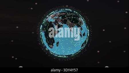 Displaying stylized globe over Indian Ocean, showing neon cyan grid, city lights, rippling waves Stock Photo