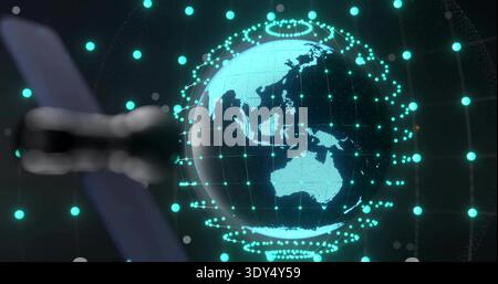 Rotating holographic globe showing Asia-Pacific and Australia in dark tech lab, with orbiting nodes Stock Photo