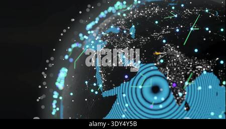 Rotating digital globe showing Indian subcontinent in 3D with city lights, ripple rings, data nodes Stock Photo