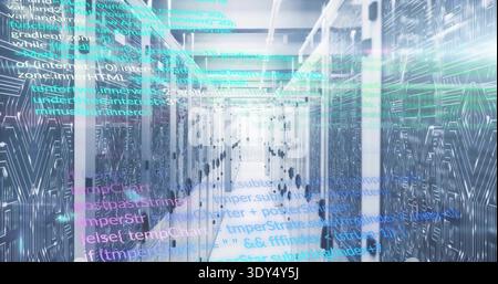 Showing central server aisle stretching in datacenter with patterned rack doors, LEDs, cable trays Stock Photo