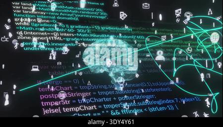 Displaying wireframe brain mesh pulsing with neon flows in dark UI, showing JS code and icons Stock Photo