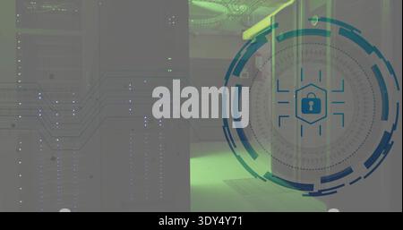 Projecting circular cybersecurity graphic with padlock on right near server racks, copy space Stock Photo