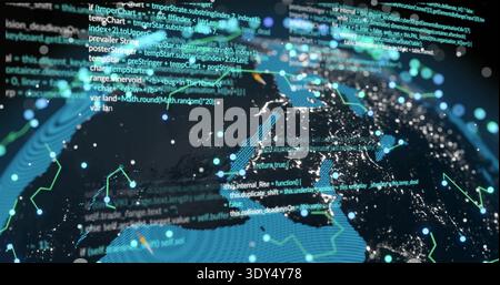 Rotating Earth globe showing lit coasts, connecting nodes, floating code in dark space Stock Photo